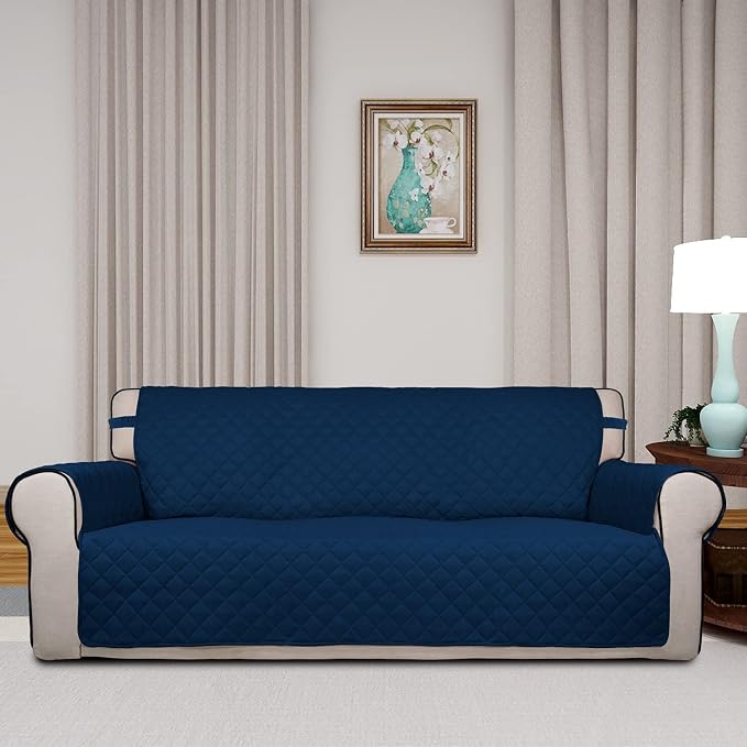 PureFit Reversible Quilted Sofa Cover Dog Couch Covers for Sofa, 66 in | Navy/Navy, Water Resistant Couch Protector, Washable Pet Couch Cover with Non Slip and Elastic Straps For Kids