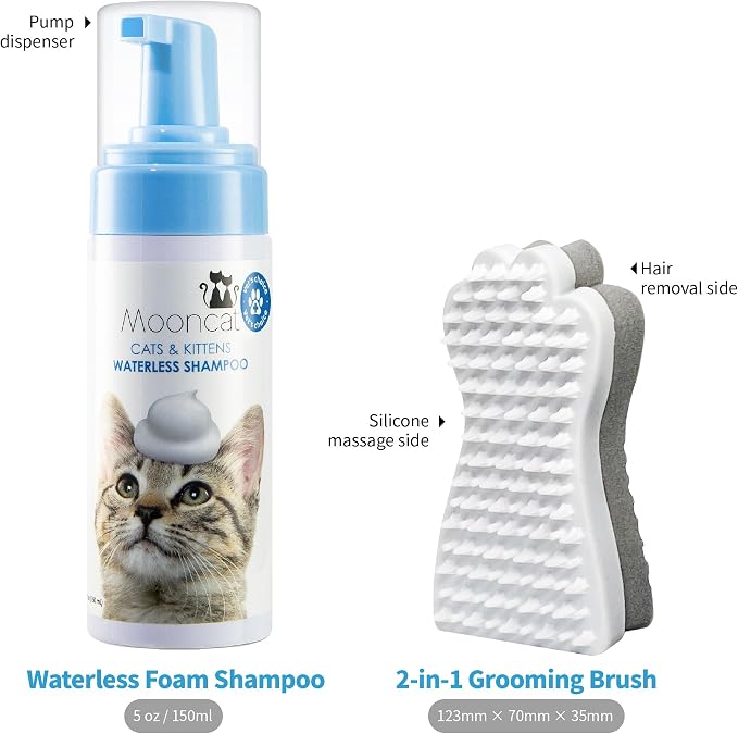 Mooncat Waterless Cat Shampoo + 2-in-1 Cat Bath Brush Set, No Rinse Dry Foam Bath for Short Hair Cats & Kittens, SGS-Tested Lick-Safe, Veterinarian Approved & pH-Balanced, Brush, 5 oz | Waterless shampoo spray, Deodorizes & removes dander, Dual-sided s...