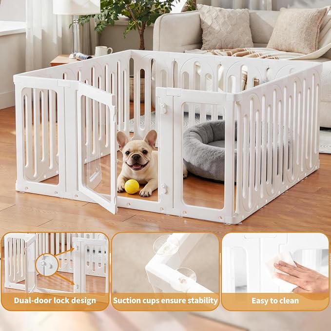 Acrylic Dog Playpen Indoor, Puppy Pens for Small Dogs & Puppies,15 Panels | Easy Assemble, DIY Flexible Shape Dog Pen with Plastic Fence, Pet Exercise Pin for Small Animals, 24''Tall