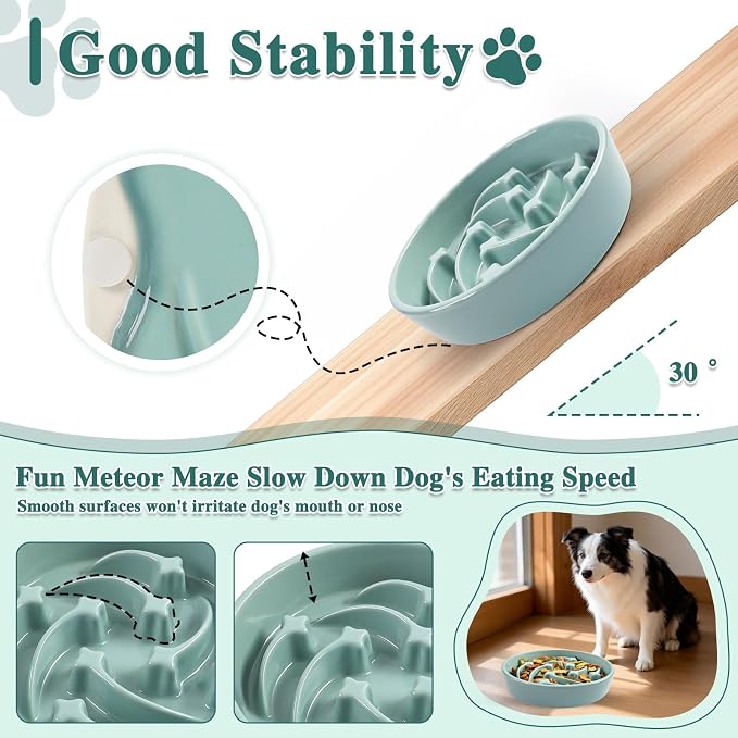 Ceramic Slow Feeder Dog Bowls,1.5 Cups Dog Food Dish for Medium Large Breed | Food Bowl for Fast Eater, 28OZ, 8.15 inch (Light Green)