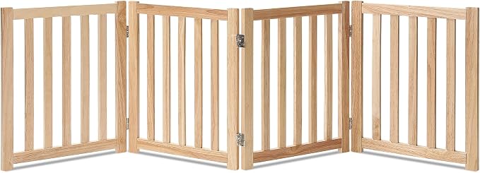 LZRS Wooden Free Standing Foldable Dog Gate Indoor – 80" W x 24" H, Extra Wide Step-Over Safety Pet Gate for Doorways, Stairs, Hallways, Large Spaces & Playpen for Puppies Indoor Use, Natural