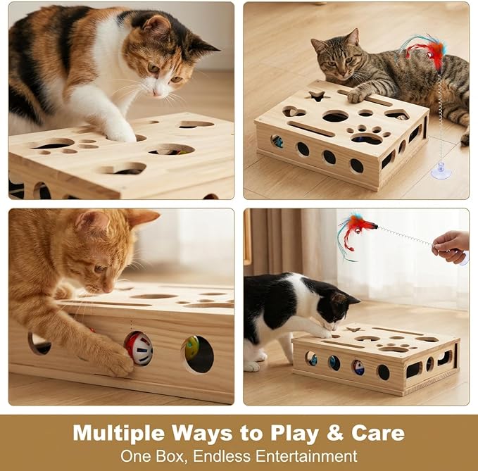 Cat Scratch Puzzle Enrichment Box, Wood Cat Nail File Box with Sandpaper Inside, Claw Care Toy for Indoor Cats with 3 Bell Balls & Teaser Wand, Alternative to Clippers & Grinders