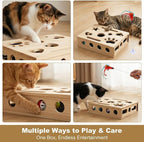 Cat Nail File Box, Wooden Scratch Puzzle Enrichment Box, Textured Nail Filing Surface, Includes Bell Ball and Cat Teasing Stick, for Indoor Cats