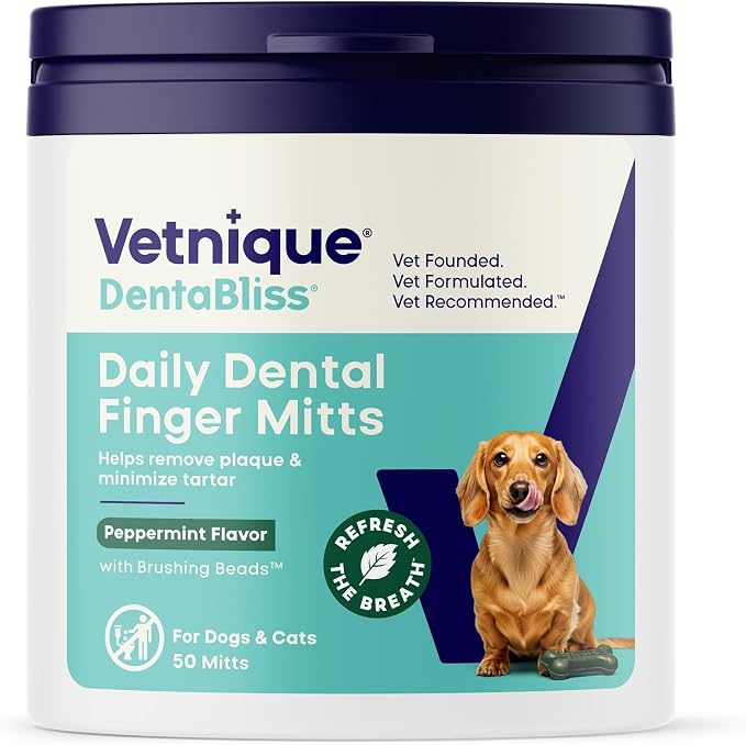 Vetnique Dentabliss Cat & Dog Dental Wipes, Toothbrush Alternative Mitt | Teeth Cleaning Finger Mitts for Plaque, Tartar & Breath, Toothbrush & Toothpaste Alternative, Peppermint or Chicken, Cat-Safe