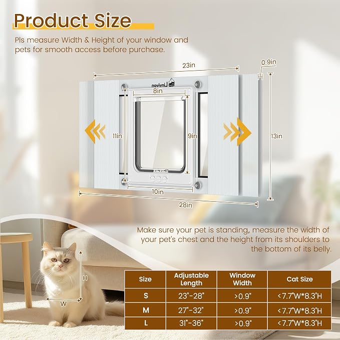 Adjustable Cat Door for Window, 23"-28" Quick Install | 4 Locking Modes Keeps Pets in/Out, Window Insert Design, Magnetic Closure, Weatherproof Aluminum Frame, Durable & Safe