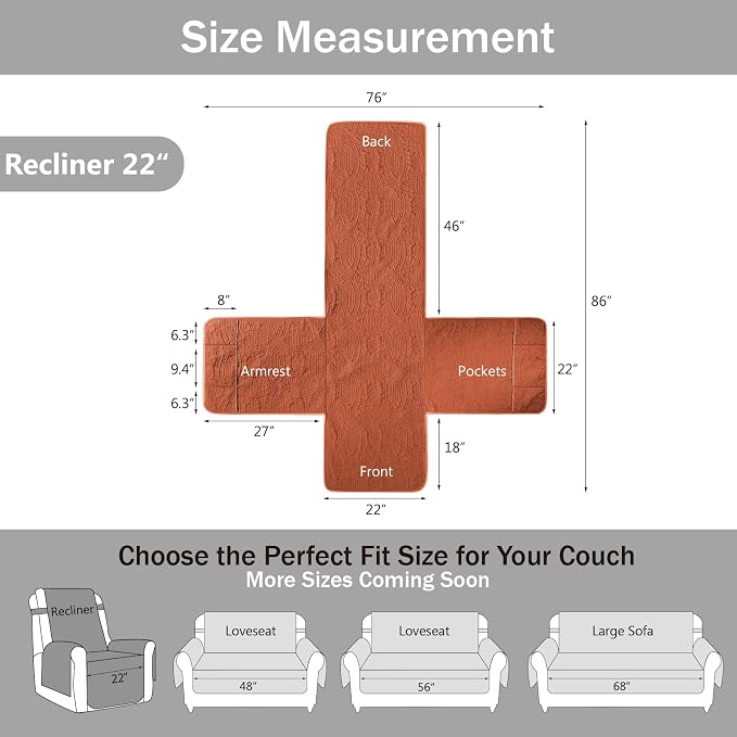 Quilted Recliner Chair Covers, Soft Lazy Boy Chair Covers, Water-Repellent Recliner Covers, Pet Friendly Chair Cover for Dogs Cats, Washable Sofa Protector (Recliner 22", Burnt Orange)