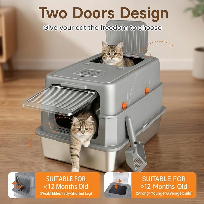 Enclosed Stainless Steel Litter Box, XL Covered MetalPan Includes Mat Scoop | Easy Cleaning Anti-Urine Leakage Non-Sticky Front Entry Top Exit
