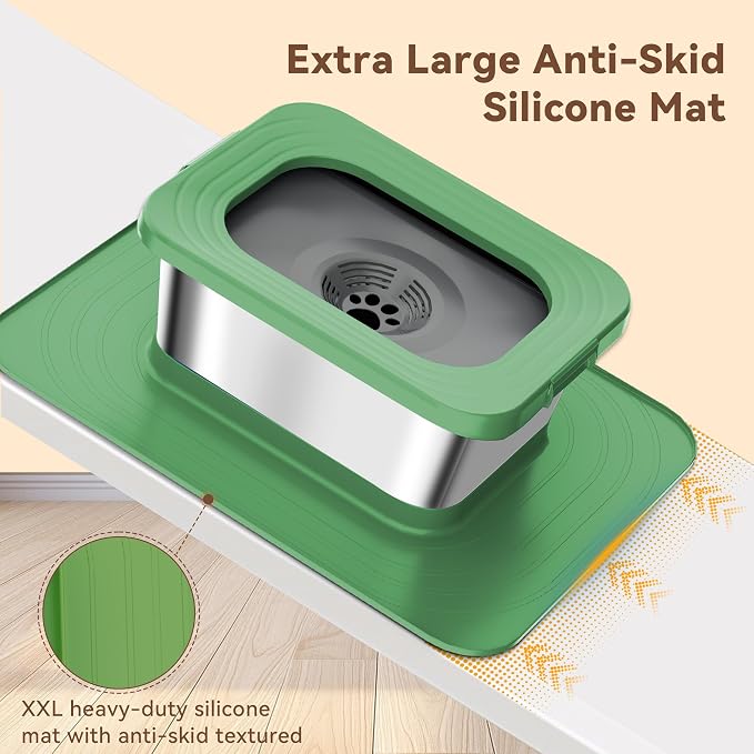 10L No Spill Dog Water Bowl, 2.6 Gal Stainless Steel No Splash Large Dog Water Bowl with Non-Slip Silicone Mat, Spill Proof Slow Drinking Pet Bowls for Messy Drinkers Indoor/Outdoor Use Green