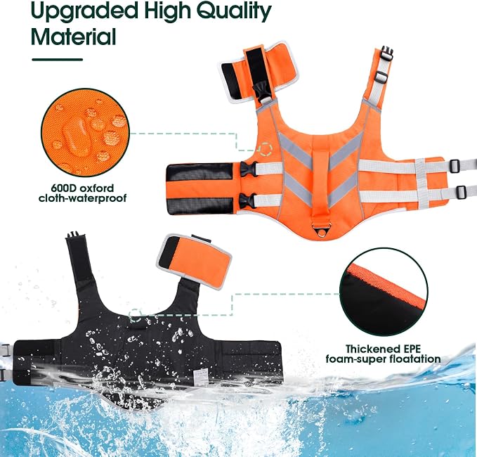 Kuoser Reflective Dog Life Jacket, Dog Life Vest for Swimming Boating | Adjustable Pet Lifejackets, High Flotation Doggie Swimsuit with Rescue Handle for Small Medium Large Dogs