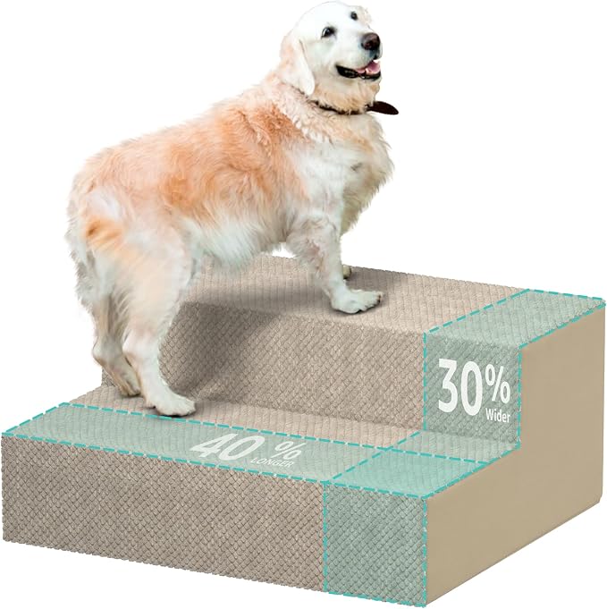 YENING Large Dog Stairs for High Beds - Extra Wide Pet Steps for Large Dogs to Get on Tall Bed 3 Deep Step Cat Ramp for Couch 2 Steps Beige