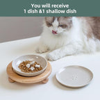 Havniva Elevated Cat Bowls, Cat Food and Water Bowl Set, Ceramic Cat Bowl | Raised Cat Food Bowls, Whisker Friendly, 5.6” Shallow Cat Dishes + 6” Wide Cat Plates, Non-Slip Wood Stand, Two Heights