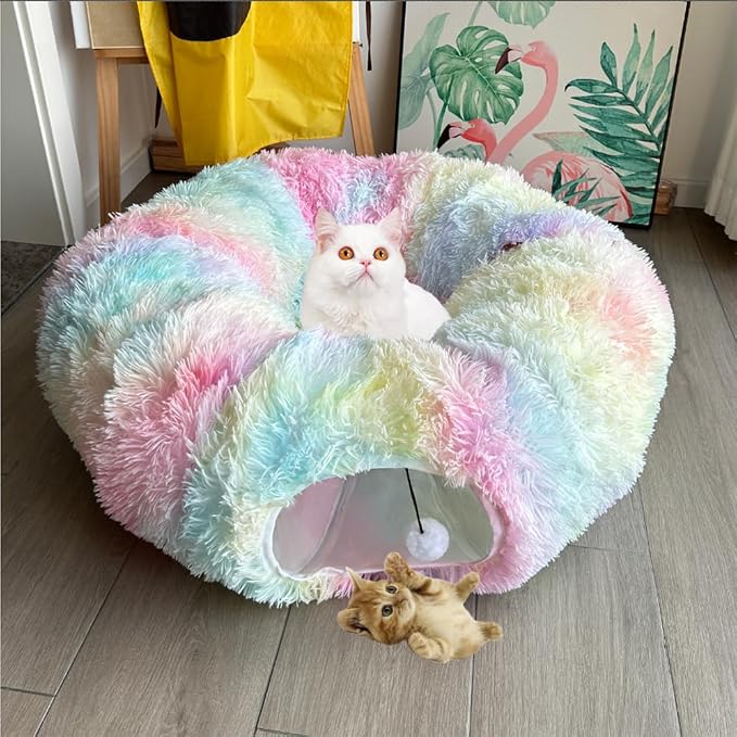Cat Bed Tunnel Tube Toy Rainbow Plush | Collapsible Round Tunnels for Indoor Cats, Interactive Toys Play Tubes with Hanging Ball for Kitten, Puppy, Rabbit