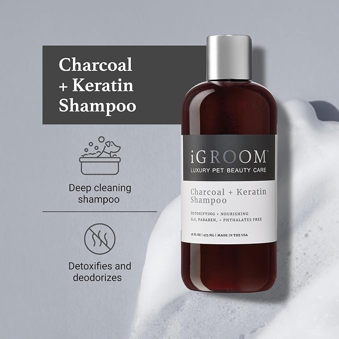 iGroom Charcoal Keratin Dog Shampoo, Luxury Pet Beauty Care, Protect Coat and Skin, Detoxifies with Charcoal, Made in USA, 16 oz