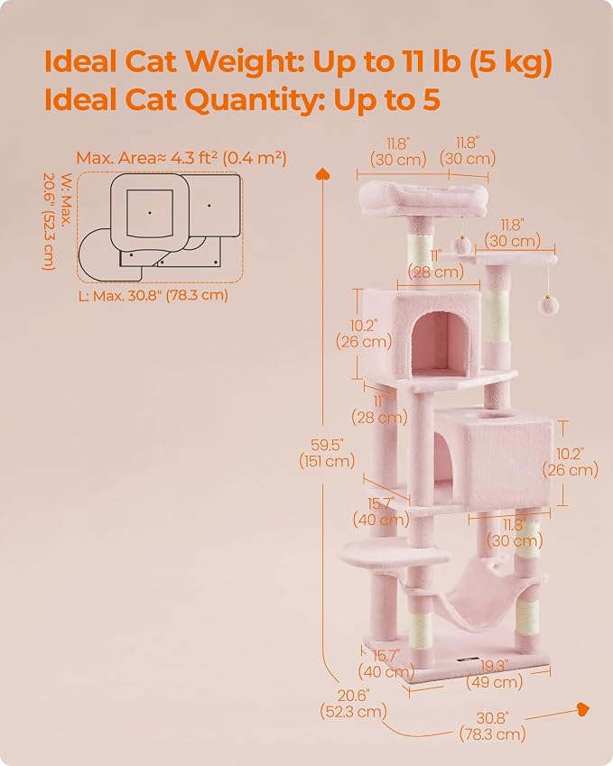 Feandrea Cat Tree, 59.5-Inch Tall Cat Tower, Plush Multi-Level Condo with 5 Scratching Posts, 2 Perches, 2 Caves, Hammock, 2 Pompoms, Jelly Pink UPCT192P01