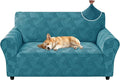 ZNSAYOTX Stretch Couch Covers for 2 Cushion Couch, 1-Piece Loveseat Covers Sofa Slipcover, Furniture Protector with Elastic Bottom for Dogs Geometrical Jacquard Fabric (Medium, Peacock Blue)