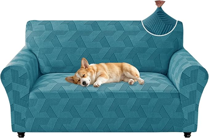 ZNSAYOTX Stretch Couch Covers for 2 Cushion Couch, 1-Piece Loveseat Covers Sofa Slipcover, Furniture Protector with Elastic Bottom for Dogs Geometrical Jacquard Fabric (Medium, Peacock Blue)