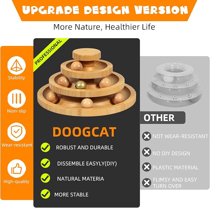 DoogCat Cat Ball Track - 3-Level Cat Ball Tower with 9 Removable Balls for Interactive Play and Mental, Physical Exercise - Large Size