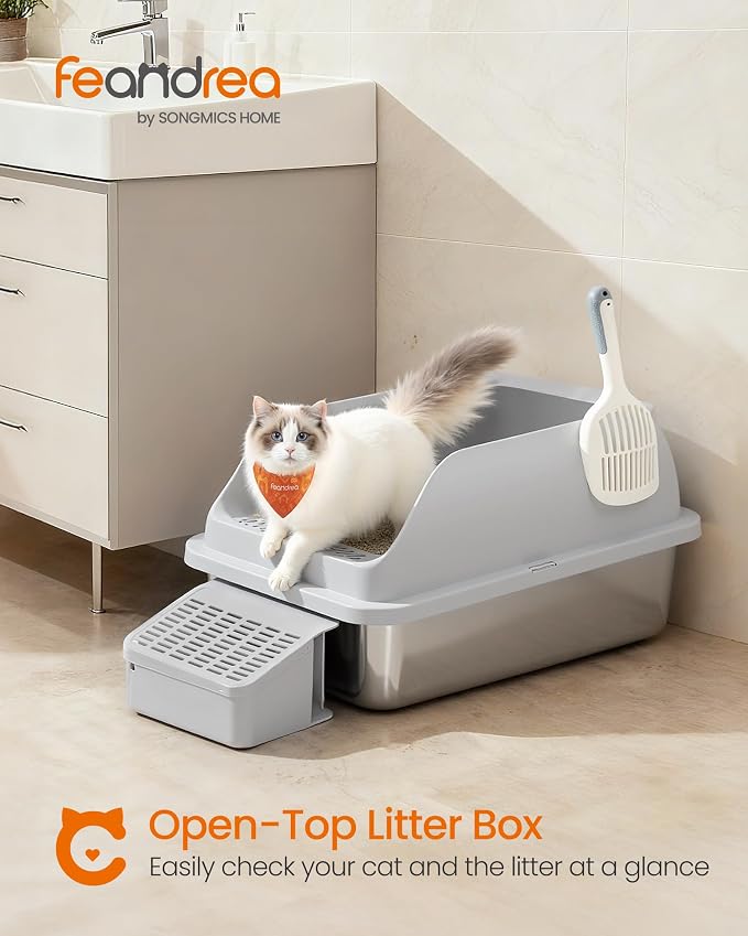 Feandrea 2 Pack Stainless Steel Cat Litter Boxes with Open Top, High Sided Litter Trays with Step, Scoop, Brush, for Cats up to 33 lb, Light Gray UPPT012GD01