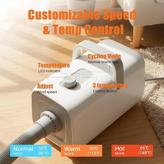 NEWBULIG Dog Hair Dryer, Dog Blow Dryer with Heater, White | 1550W High Velocity Pet Blow Dryer with Heater, Speed Temperature Adjustable Dog Blower Grooming with 4 Nozzles