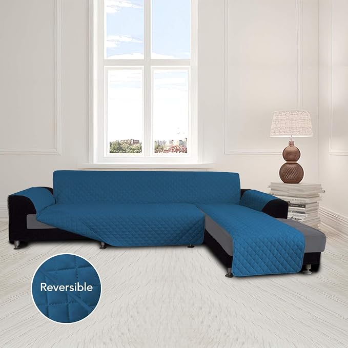 Easy-Going Reversible L-Shape Sectional Couch Cover, Large, Peacock Blue | Soft Sofa Slipcover For Dogs, Fits Left/Right Chaise Lounge Protector, Water Resistant Mat For Living Room