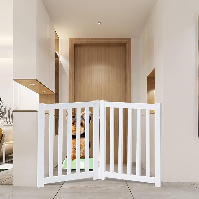 LZRS Wooden Free Standing Foldable Dog Gate Indoor – Solid Hard Wood 40" W x 24" H, Step-Over Safety Pet Gate for Doorways, Stairs & Small Spaces - Indoor Use, White