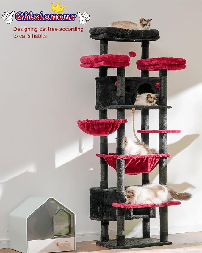 Gitelsnour Cat Tree, 74" Tower for Large Cats, Big Condo Hammock CCT030BR | Heavy duty, 3 Big Platforms, 2 Baskets, 2 Condos, Multi-Level Cat Scratching Posts, Indoor Cats Large Adult, Black and red