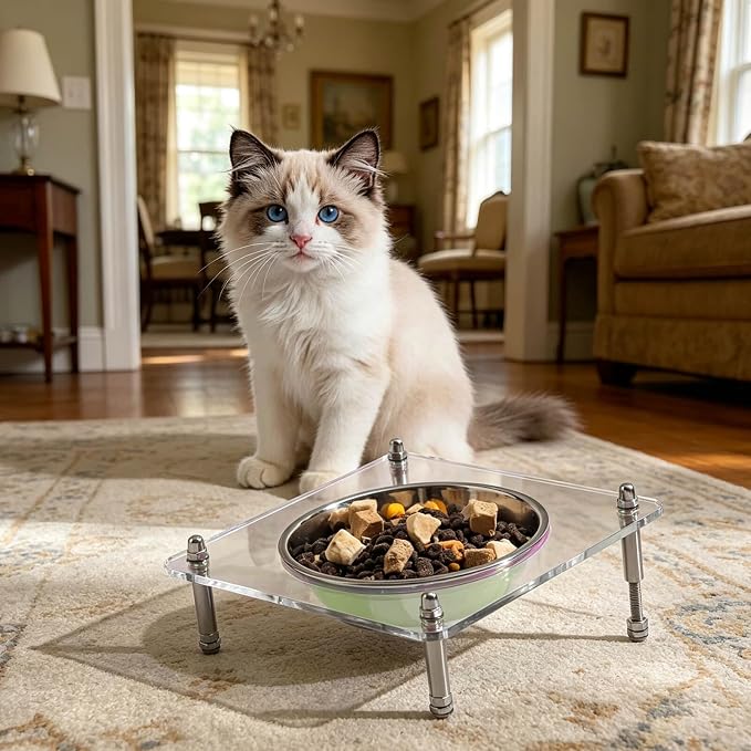 Elevated Cat Bowls with Food Mat Tilted 304 Stainless Steel Dishes for Cats | Whisker Friendly Shallow Dish, Tilted Design Anti-Vomiting, Durable Acrylic Base Feeder, Adjustable Raised Stands, Non-Slip