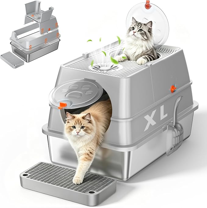 XL Stainless Steel Litter Box with Lid, Enclosed Metal Litter Box | High Sides, Urine and Litter Control, Odor Filter, Flip-Top, Easy-Clean Pan, Scoop & Step, Big Cats, Multi-Cat Homes, Black
