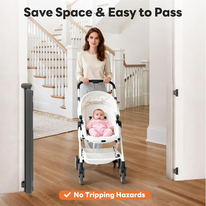 Retractable Baby Gate for Stairs and Doorways, 55" Wide x 33" Tall Mesh Dog Gate for Indoor & Outdoor Use, Safety Gate for Babies and Pets, Child Gates for Hallways, Hardware Mounted, Gray
