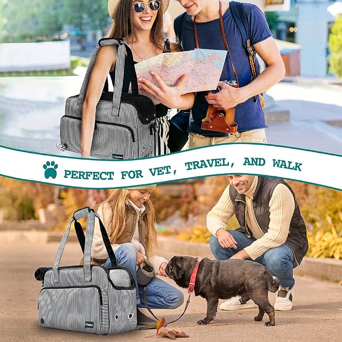 PetAmi Small Dog Purse Carrier, Soft-Sided Pet Carrier Bag with Pockets, Portable Puppy Cat Travel Handbag Tote, Airline Approved Breathable Mesh, Poop Bag Dispenser, Max 18 lbs, Stripe Black