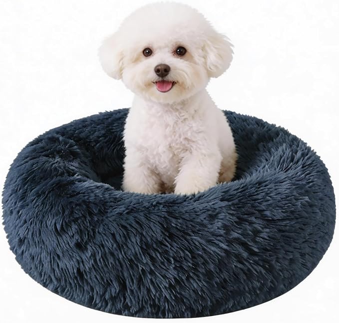 Calming Donut Pet Bed for Cats & Small Dogs, Ultra Soft Fluffy Anti Anxiety Cat Bed with Raised Rim, Washable Plush Round Puppy Bed for Indoor Cats, Kittens, Chihuahua & Yorkie (Deep Grey, 20 Inch)
