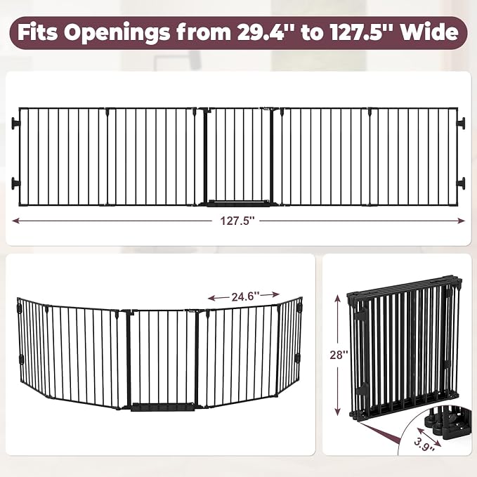127.5" Wide Configurable Baby Gate for Fireplace Christmas Tree | Extra Wide Child Gate for Large Openings with Anti-Trip Pedal, Long Kid Gate for Dog Pet, 28'' Tall 5 Metal Panels Black