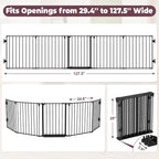127.5" Wide Configurable Baby Gate for Fireplace Christmas Tree | Extra Wide Child Gate for Large Openings with Anti-Trip Pedal, Long Kid Gate for Dog Pet, 28'' Tall 5 Metal Panels Black