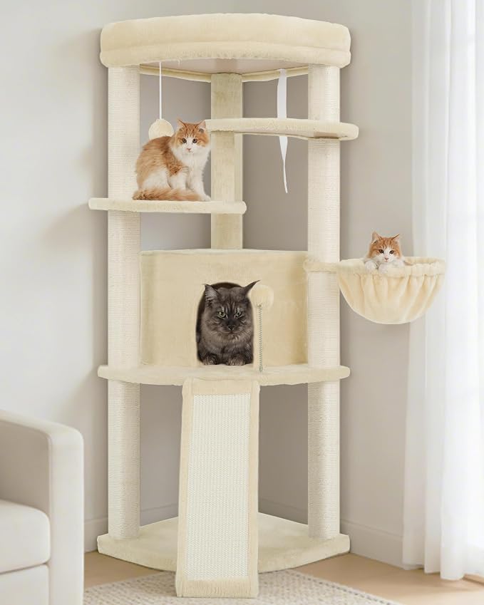 Gitelsnour Corner Cat Tree Tower with All Sisal Scratching Posts GCT025MU | 44.1" Cat Furniture with Multi-level Cat Condo, Cat Cave, Hanging Basket, Sisal Scratching Ramp for Indoor Cats, Beige