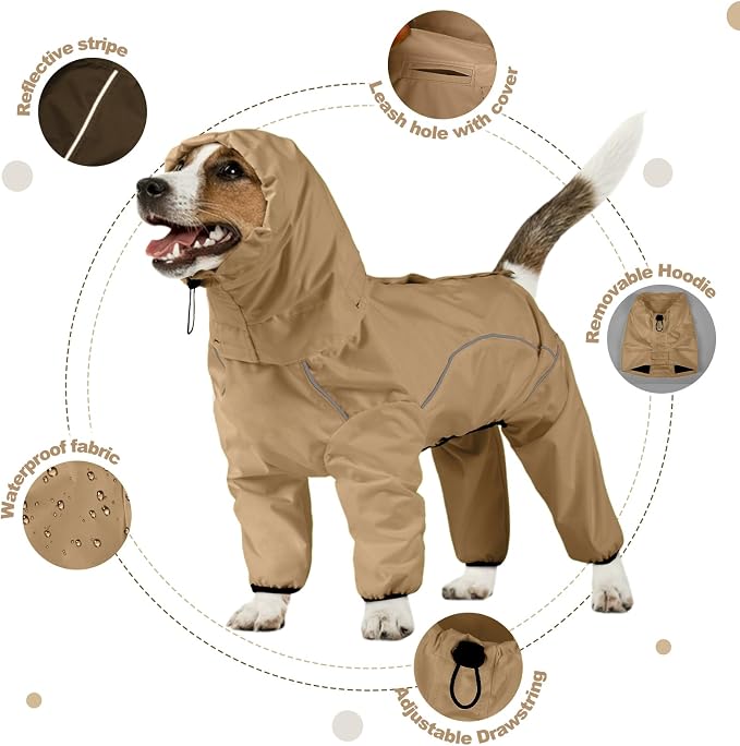 ADINIKIA Dog Raincoat,Waterproof Rain Jacket with Removable Hood,Khaki L | Leash Hole/ Reflective Stripe/Adjustable 4 Legs Rainsuit/Full Coverage/ Snowproof Windproof/ For Small to 3X-Large Dogs