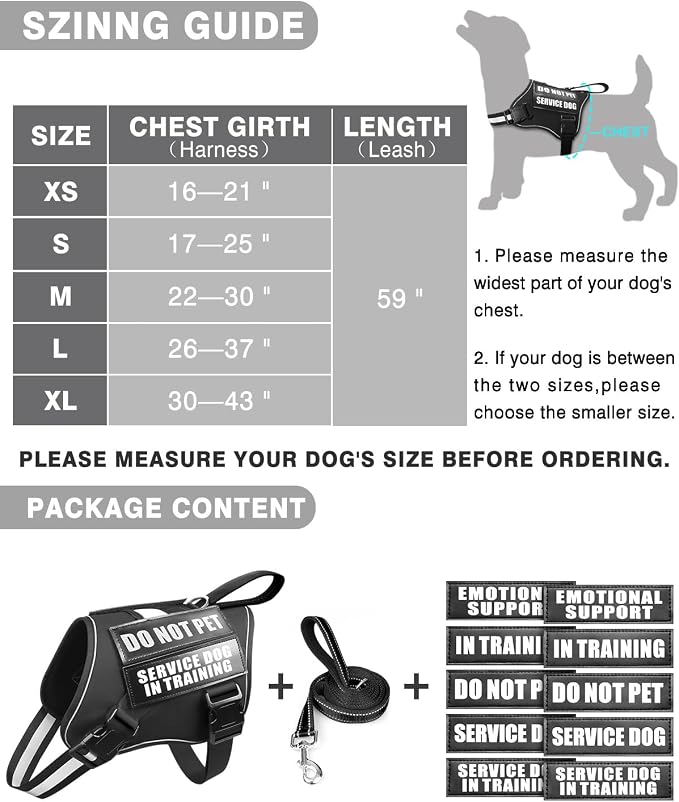 Service Dog Vest Harness and Leash Set+10 Patches for Puppy Small Dogs,Do Not Pet Emotional Support Dog Vest with 2 Soft Padded Handle for Everyday/Training (Black XS) | Adjustable Reflective Do Not Pet Emotional Support Dog Vest with 2 Soft Padded Han...