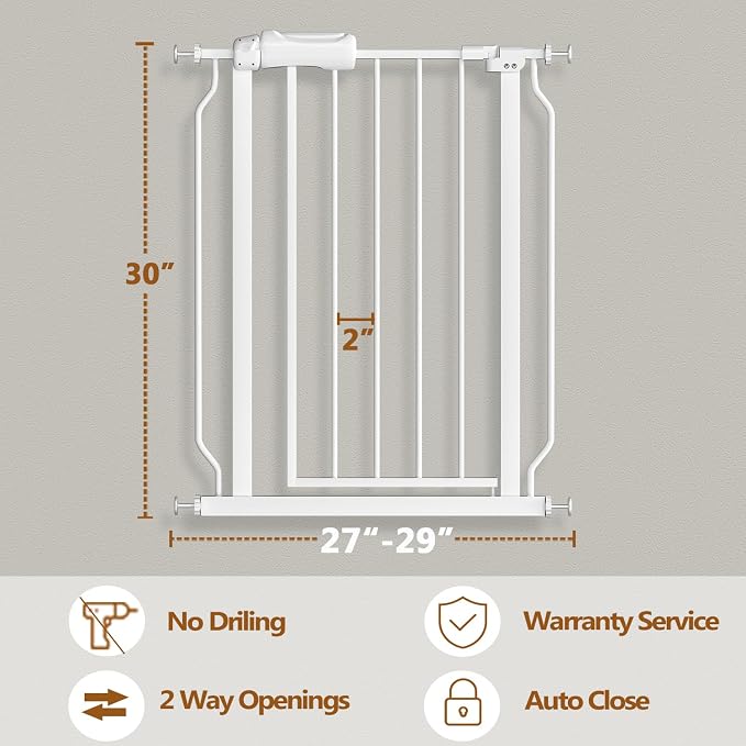 Fairy Baby 27 Inch to 29 Inch Wide Narrow Baby Gates for Small Doorways | Auto Close Double-Lock Safety Gates Pressure Mounted for Stairs Hallway Walk Through Kids or Pets, One-Hand Operation, White