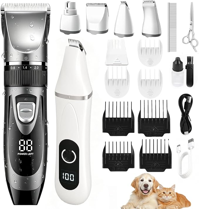 4-in-1 Dog Grooming Kit, Dog Clippers for Grooming Heavy Thick Coats | Low Noise Cordless Dog Hair Trimmer & Shaver with Paw Trimmer, Full Body & Paw Grooming Set for Small Large Dogs Cats