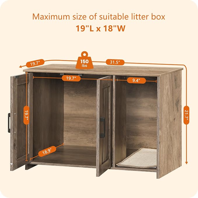 Dwanton Litter Box Enclosure, Cat Litter Box Furniture Hidden, with Scratching Mat, Wooden Cat Washroom Indoor, 31.5" L x 19.7" W x 21.7" H, Greige