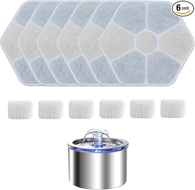 Cat Fountain Replacement Filter, 6 Pack Filters with 6 Pump Sponges for 2.2L/74oz Cat Water Fountain, Multi-Stage Filtration Pet Water Dispenser Filter, Flower Pet Fountain Filter