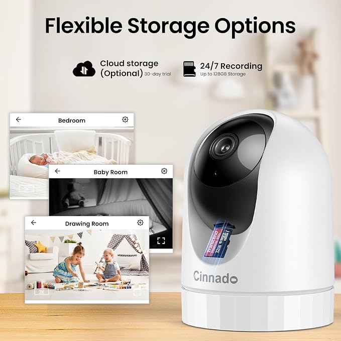 Cinnado 2K Indoor Security Camera with Alert for Pet/Cat/Nanny, D1 2Pack | Baby Monitor with 2.4Ghz Wi-Fi Camera & Audio, Night Vision, 24/7 SD Card/Cloud Storage, Compatible with Alexa & Google Home