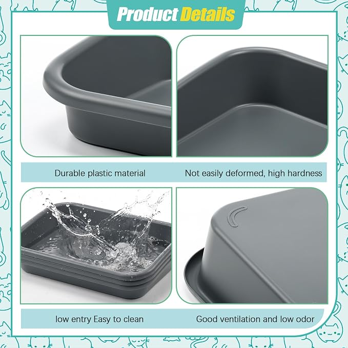 Uiifan 3 Pcs Extra Large Low Entry Cat Litter Box for Senior Kitty Pet Open Top Litter Box for Senior Kitten Handicap Disabled Older Elderly Cats, Easy to Clean(Gray,23.2 x 16.5 x 4.3 Inches)