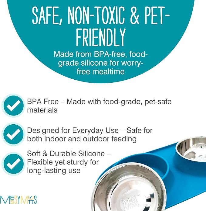 Messy Mutts Double Silicone Dog Feeder, Stainless Bowls, Medium, Blue | Non-Slip Silicone Double Dog Feeder With Two Removable Stainless Steel Bowls For Food And Water