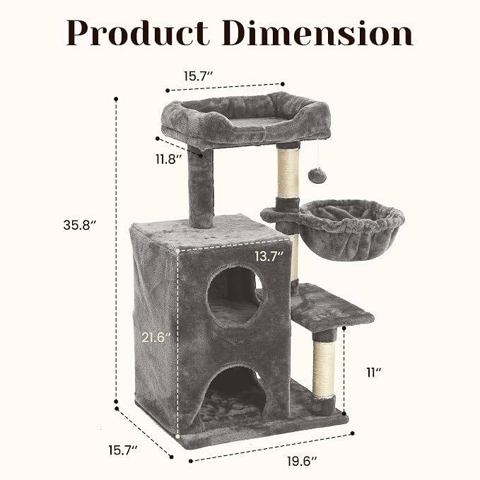 Fansafurn Cat Tree Tower for Indoor Cats, 36-inch Adult Cat Tree House for Large Adult Cats with Steps, Scratching Post, 2 Cat Condo, Dangling Toys, Light Grey