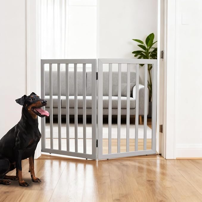 ZJSF Freestanding Indoor Dog Gate for House Foldable Wood Grey Puppy Gate for Doorways Pet Gate for Stairs Extra Wide Pet Fence 32" Height 2 Panels