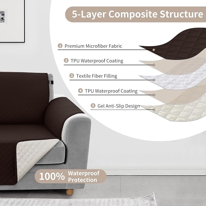 100% Waterproof Couch Cover for Dogs with Non-Slip & Side Pockets 23", Furniture Protector Sofa Covers, Washable Cushion Covers for Pets Kids Cat-Armchair Chocolate