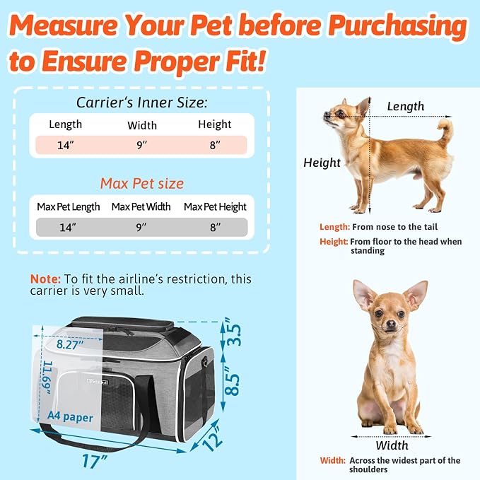 Petskd Top-Expandable Small Pet Carrier 17"x12"x8.5" Airline Approved | for JetBlue/Frontier/Spirit Airlines, Lockable Safety Zippers and Anti-Scratch Mesh, Soft-Sided, Pets Under 8 Lbs, Grey