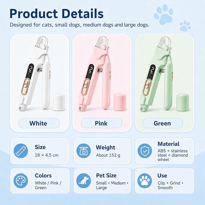 2-in-1 Dog Cat Nail Clippers & Grinder with LED Light, Pet Nail Trimmer with Splash Guard & Safety Lock, 2 Speeds USB Rechargeable Quiet Paw Nail Cutter for Large Medium Small Dogs Cats (White)