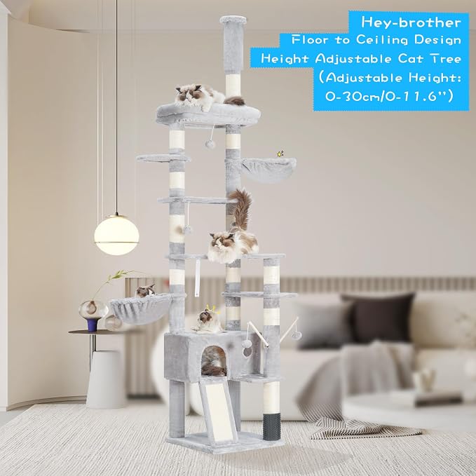 Hey-brother Cat Tree Tower, Adjustable Height, Floor to Ceiling, MPJ091W | 94.5-106.3 Inches Multi-Level Cat House, Scratching Posts, Plush Condo, Platform, Toy Ball for Indoor Big Cats, Light Gray