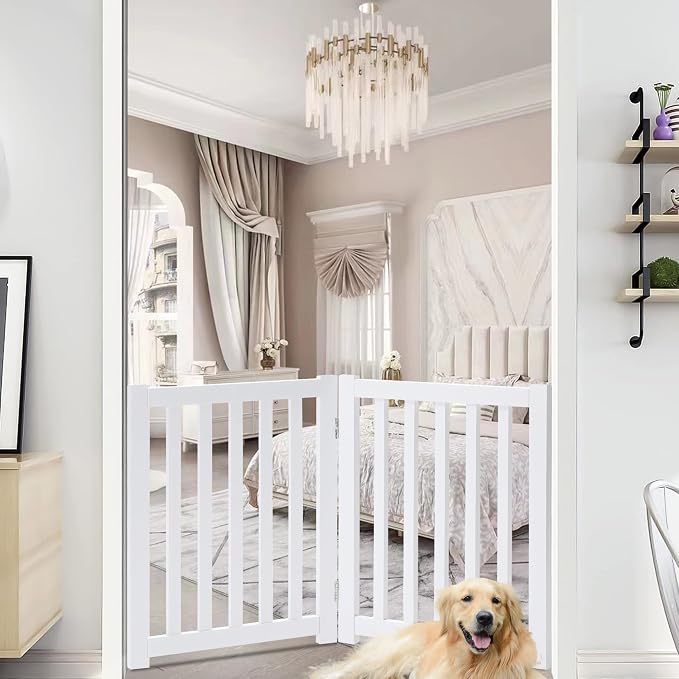 LZRS Wooden Free Standing Foldable Dog Gate Indoor – Solid Hard Wood 40" W x 24" H, Step-Over Safety Pet Gate for Doorways, Stairs & Small Spaces - Indoor Use, White